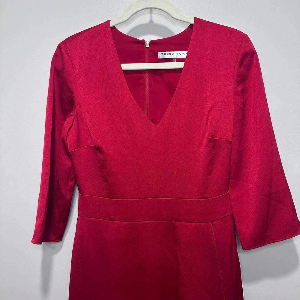 Trina Turk Red 3/4 Sleeve V-Neck Ruffle Faux-Wrap Sheath Dress, Sz 4 - Picture 3 of 6